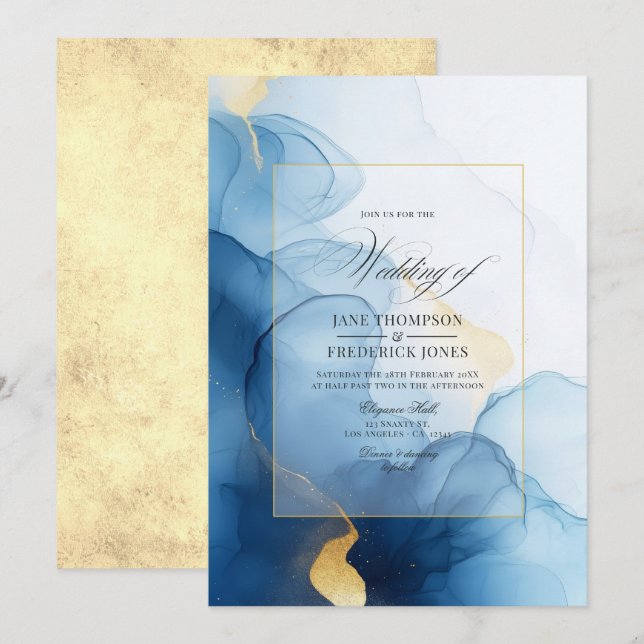 Luxuriöse Hochzeit mit Blauen und Gold Einladung (Vorne/Hinten)