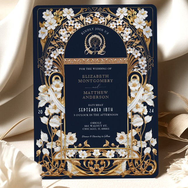 Luxuriöse Hochzeit von Navy Blue & Antique Gold Fl Einladung (Von Creator hochgeladen)