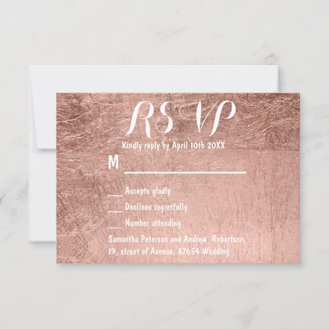 Luxuriöse Imitate Rose Goldblatt Hochzeit RSVP (Vorderseite)