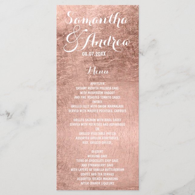 Luxuriöse Imitate Rose Goldblatt Hochzeitsmenü Menükarte (Vorderseite)