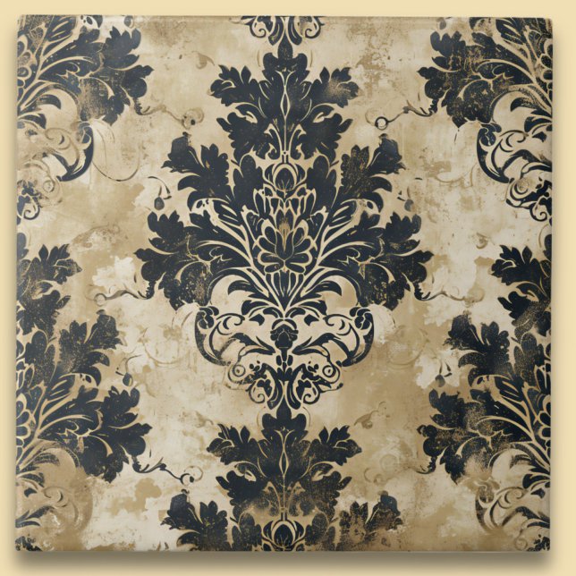 Luxuriöse Ivory Damask Elegantes Schwarzes Beige Fliese (Von Creator hochgeladen)