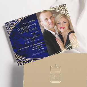 Luxuriöse königliche blau-goldene All-in-One-Hochz Einladung