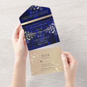 Luxuriöse königliche blaue und goldene Hochzeit All In One Einladung