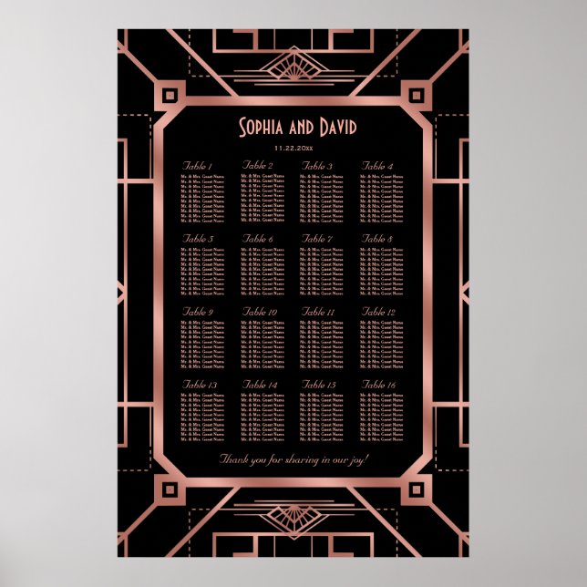 Luxuriöse Kupfer Black Great Gatsby Seating Chart Poster (Vorne)