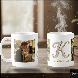 Luxuriöse Kursiv Gold Weiße Initiale K + 2 FOTO Kaffeetasse