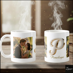 Luxuriöse Kursiv Gold Weiße Initiale P + 2 FOTO Kaffeetasse