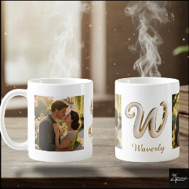 Luxuriöse Kursiv Gold Weiße Initiale W + 2 FOTO Kaffeetasse