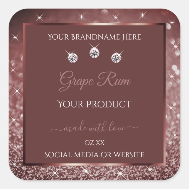 Luxuriöse Labels für Burgundy Sparkle Glitzer Quadratischer Aufkleber (Vorderseite)