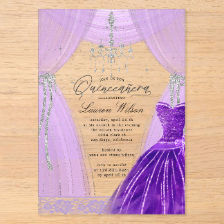 Luxuriöse Lila Kronleuchter Sparkle Quinceanera Acryleinladungen