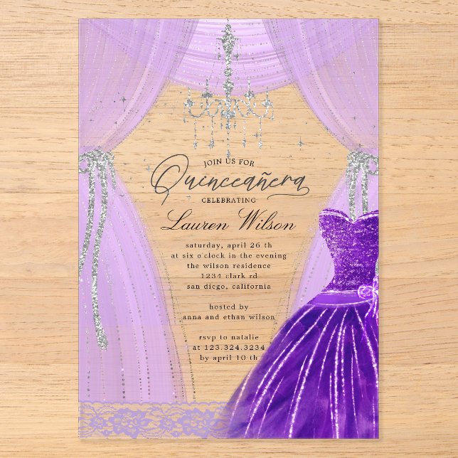 Luxuriöse Lila Kronleuchter Sparkle Quinceanera Acryleinladungen (Vorderseite)