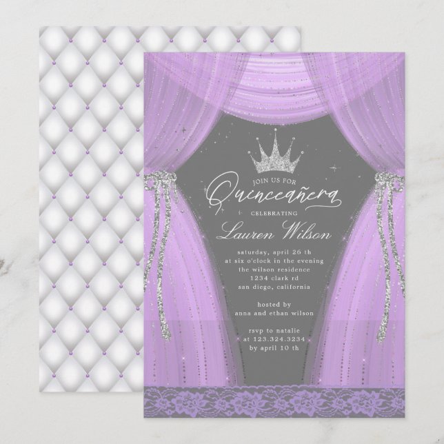 luxuriöse lila Prinzessin funkeln Quinceanera Einladung (Vorne/Hinten)