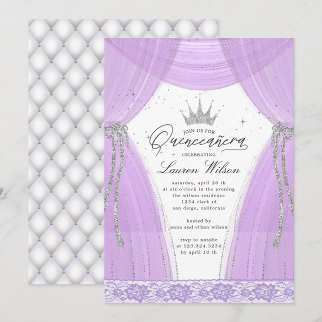 luxuriöse lila Prinzessin funkeln Quinceanera Einladung (Vorne/Hinten)