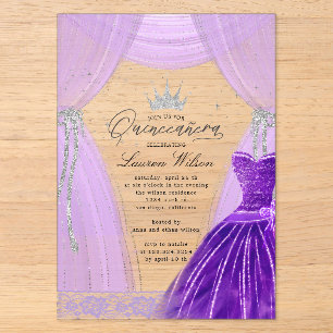 Luxuriöse Lila Prinzessin Sparkle Quinceanera Acryleinladungen