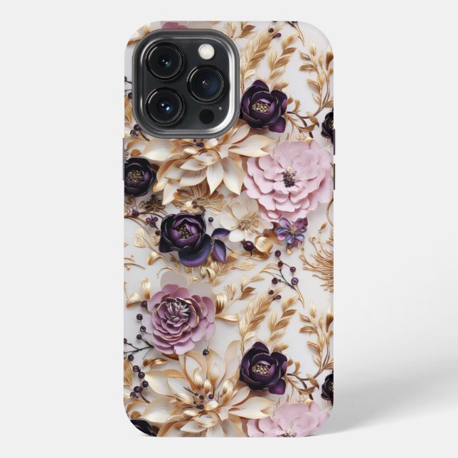 Luxuriöse Lila und goldene Blume iPhone 13 Pro Max Hülle (Rückseite)