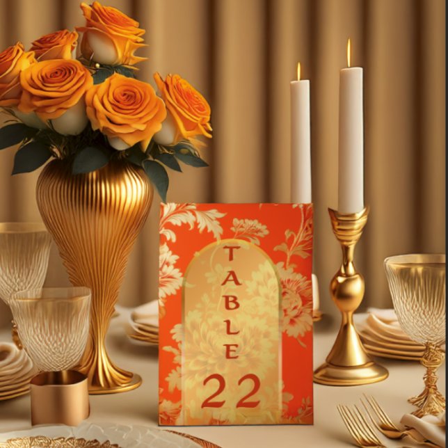 Luxuriöse Mandarin Orange & Gold Wedding Tischnummer (Elegant Floral Orange Wedding Table Number)