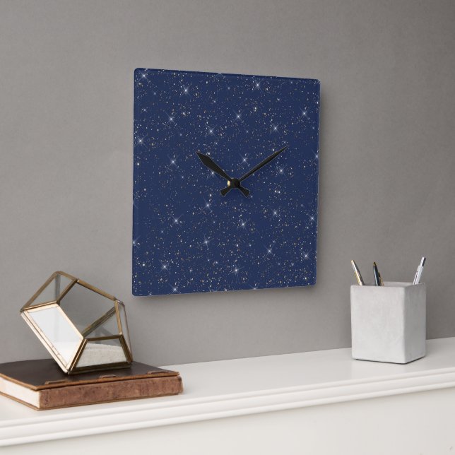 Luxuriöse Marineblau glänzend goldenes Glitzer Quadratische Wanduhr (Büro)