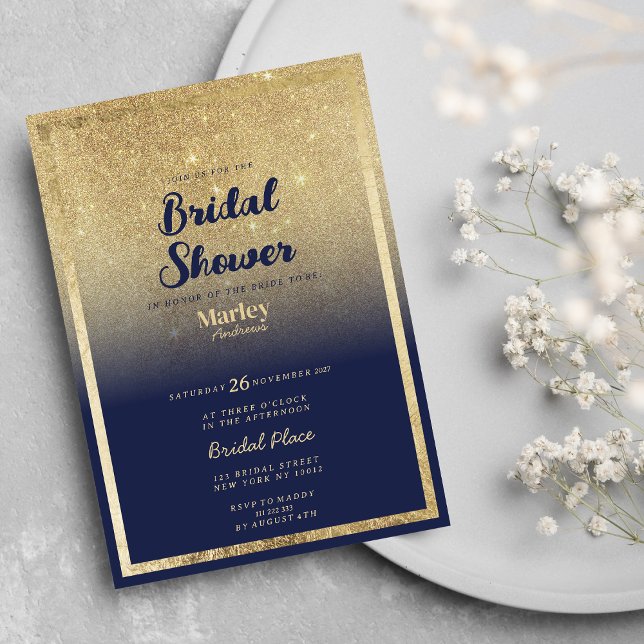 Luxuriöse Marineblau Goldmedaille Glitzer Brautpar Einladung (Luxury navy blue gold ombre glitter Bridal Shower)