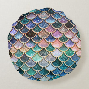 Luxuriöse mehrfarbige Glitzer Mermaid Scales Rundes Kissen
