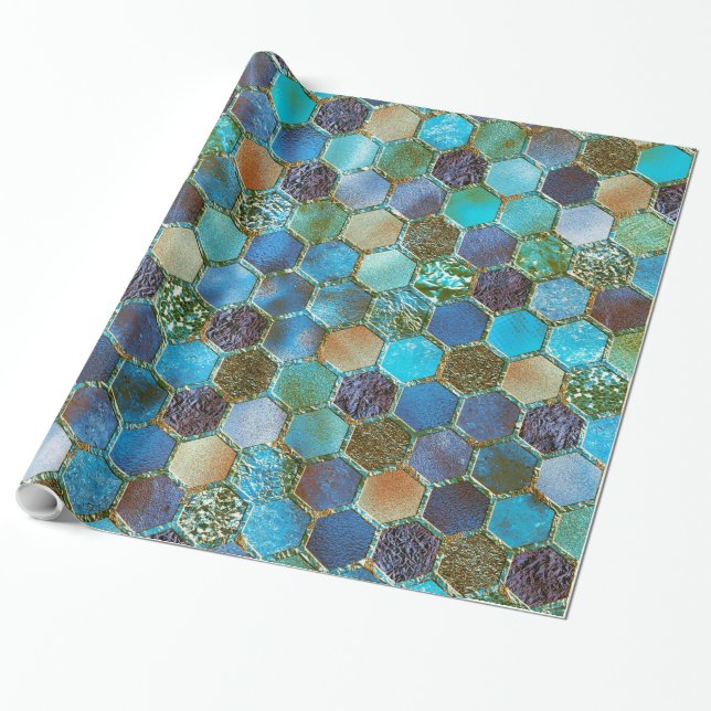 Luxuriöse Metal Foil Glitzer Aqua Aquamarine Honig Geschenkpapier (Ungerollt)