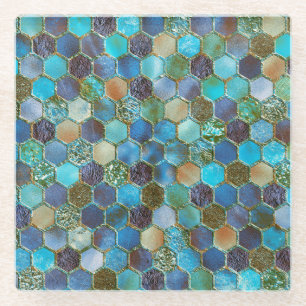Luxuriöse Metal Foil Glitzer Aqua Aquamarine Honig Glasuntersetzer