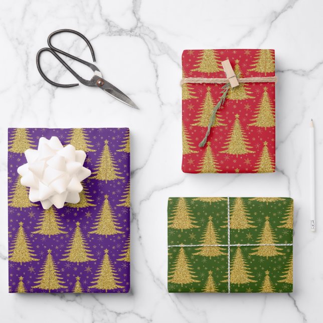 Luxuriöse Metallic Gold Weihnachtsbaumen Muster Geschenkpapier Set (Vorderseite)