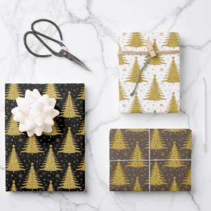 Luxuriöse Metallic Gold Weihnachtsbaumen Muster Geschenkpapier Set