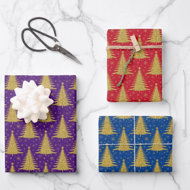 Luxuriöse Metallic Gold Weihnachtsbaumen Muster Geschenkpapier Set (Vorderseite)