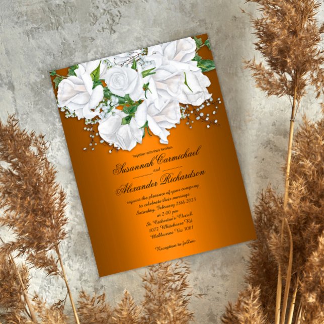 Luxuriöse Metallic Orange und White Roses Wedding Postkarte (Von Creator hochgeladen)