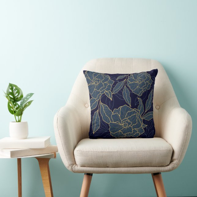 Luxuriöse Navy Blue Gold Blume Kissen (Stuhl )