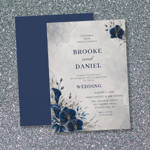 Luxuriöse Navy-Orchidee-Calla-Lilie-Silber-Hochzei Einladung