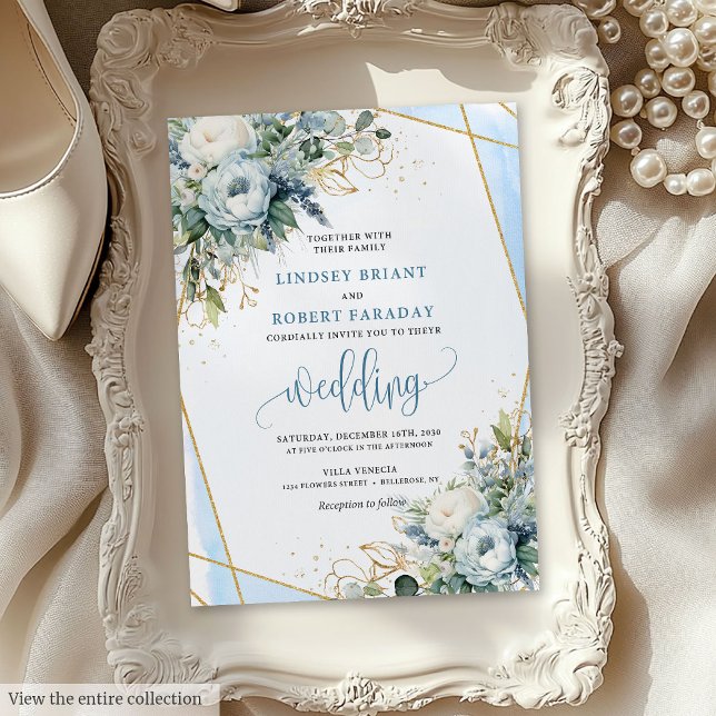 Luxuriöse Pastel Blue Gold Peonies Wedite Einladun Einladung (Luxurious Pastel Blue Gold Peonies Wedding Invite)