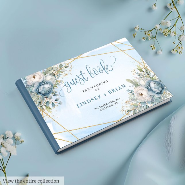 Luxuriöse Pastel Blue White Gold Blume Hochzeit Gästebuch (Luxurious Pastel Blue White Gold Flowers Guest Book)