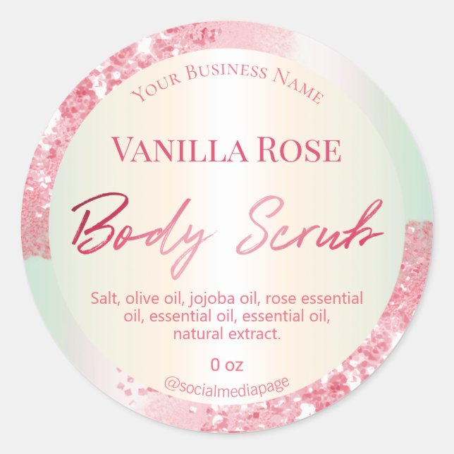Luxuriöse Pastel Pink Glitzer Body Scrub Labels Runder Aufkleber (Vorderseite)