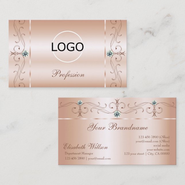 Luxuriöse Pastel Rose Coral Squiggled Jewels Logo  Visitenkarte (Vorne/Hinten)