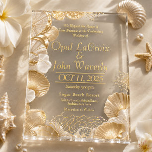 Luxuriöse Pearl and Gold Seashell Acrylic Wedding Acryleinladungen