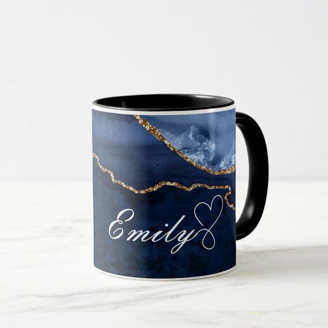 Luxuriöse Personalisierte Navy Blue & Gold Marmor  Tasse (VorderseiteRechts)