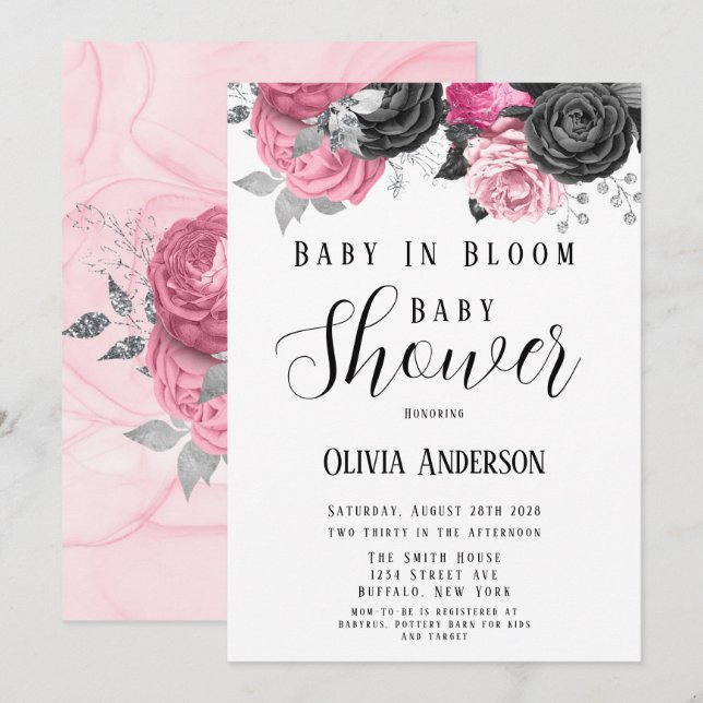 Luxuriöse Pink Black Baby in Bloom Baby Dusche Inv Einladung (Vorne/Hinten)