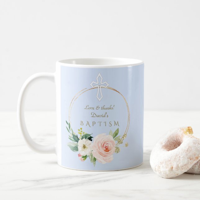 Luxuriöse Pink Blush Bloral Weiß Kreuz Taufe Kaffeetasse (Mit Donut)