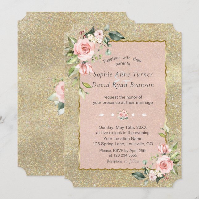 Luxuriöse Pink Blush Blume Gold Glitzer Hochzeit Einladung (Vorne/Hinten)