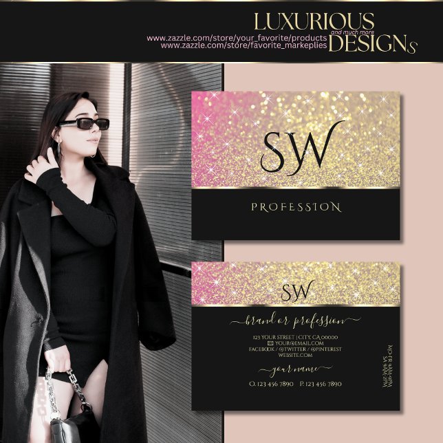 Luxuriöse Pink Lila Gold Glitzer Stars und Initial Visitenkarte (Von Creator hochgeladen)