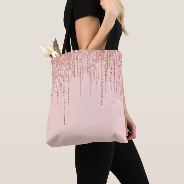Luxuriöse Pink Rose Gold Funkelnd Glitzer Fringe Tasche (Von Nahem)