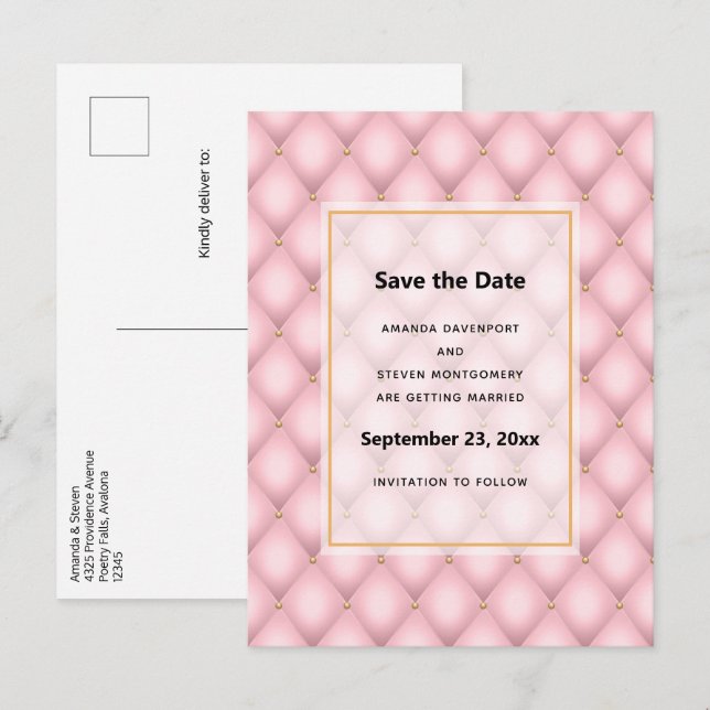 Luxuriöse Pink Tufted Diamond Muster Hochzeit Ankündigungspostkarte (Vorne/Hinten)