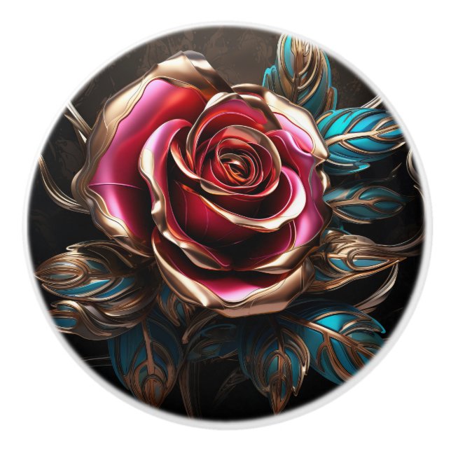 Luxuriöse Red Blue Gold Rose 3D Effektdekor drucke Keramikknauf (Vorderseite)