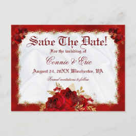 Luxuriöse Red Gold Floral Rose Hochzeit speichern  Ankündigungspostkarte