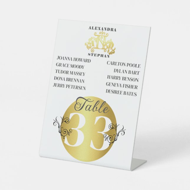 Luxuriöse Romantik Blüh Wedding Gold Tischnummer Sockelschild (Vorderseite)