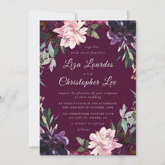Luxuriöse romantische Marsala Burgundy Bloral Wedd Einladung (Vorderseite)