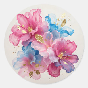 Luxuriöse rosa blaue goldene Blüten Runder Aufkleber