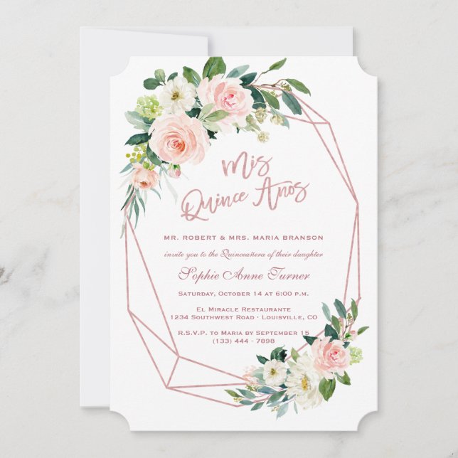 Luxuriöse Rosa Blume Rose Gold Quinceñera Einladung (Vorderseite)