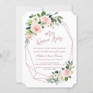 Luxuriöse Rosa Blume Rose Gold Quinceñera Einladung
