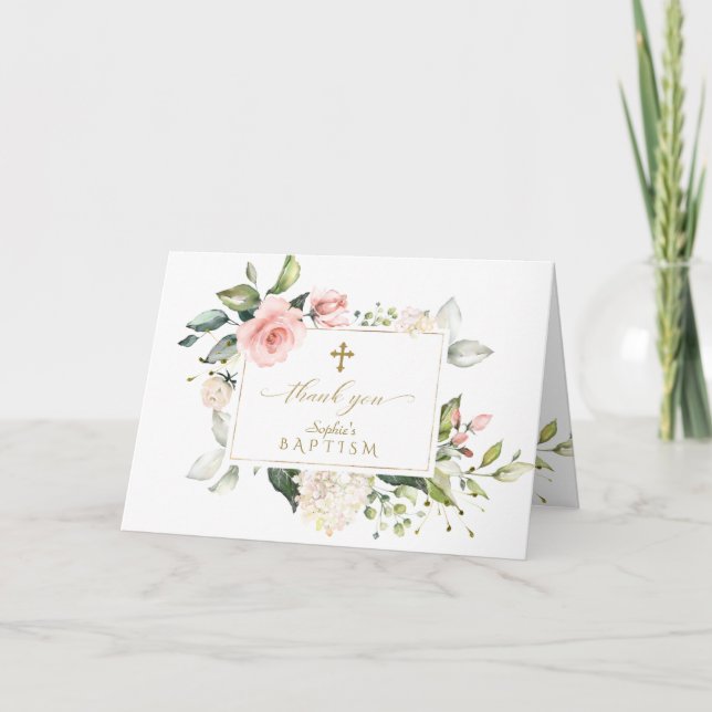 Luxuriöse rosa Blumenrahmen Marmor Gold Cross Tauf Dankeskarte (Vorderseite)